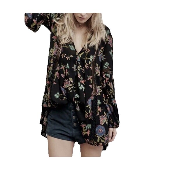 Free People Tunic Floral Flowy Dress Urban Boho Vivid Crotchet Blouse SP - Picture 2 of 11